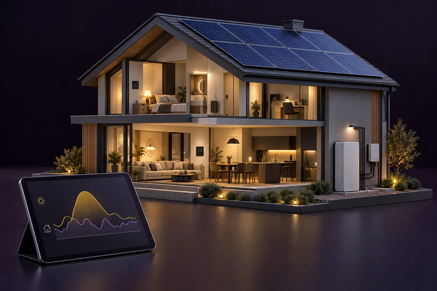 3D-Beispiel eines vernetzten Hauses mit Photovoltaik, Beleuchtung und Energie-Monitoring auf einem Tablet